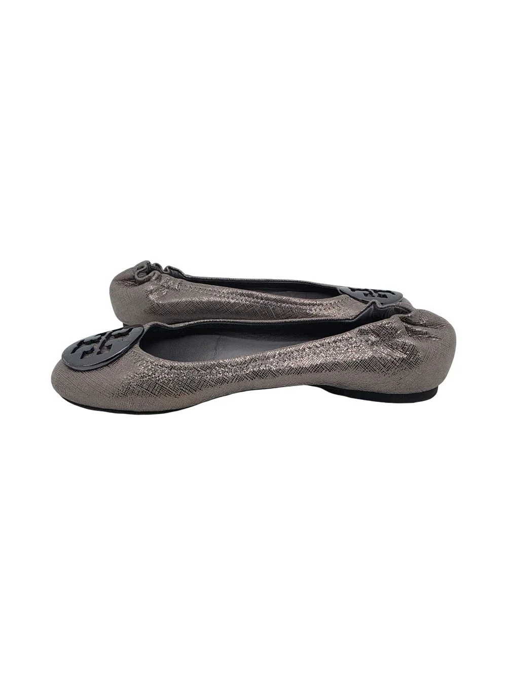 Tory Burch Reva Ballet Flats Pewter Metallic Textured Leather Size 5.5